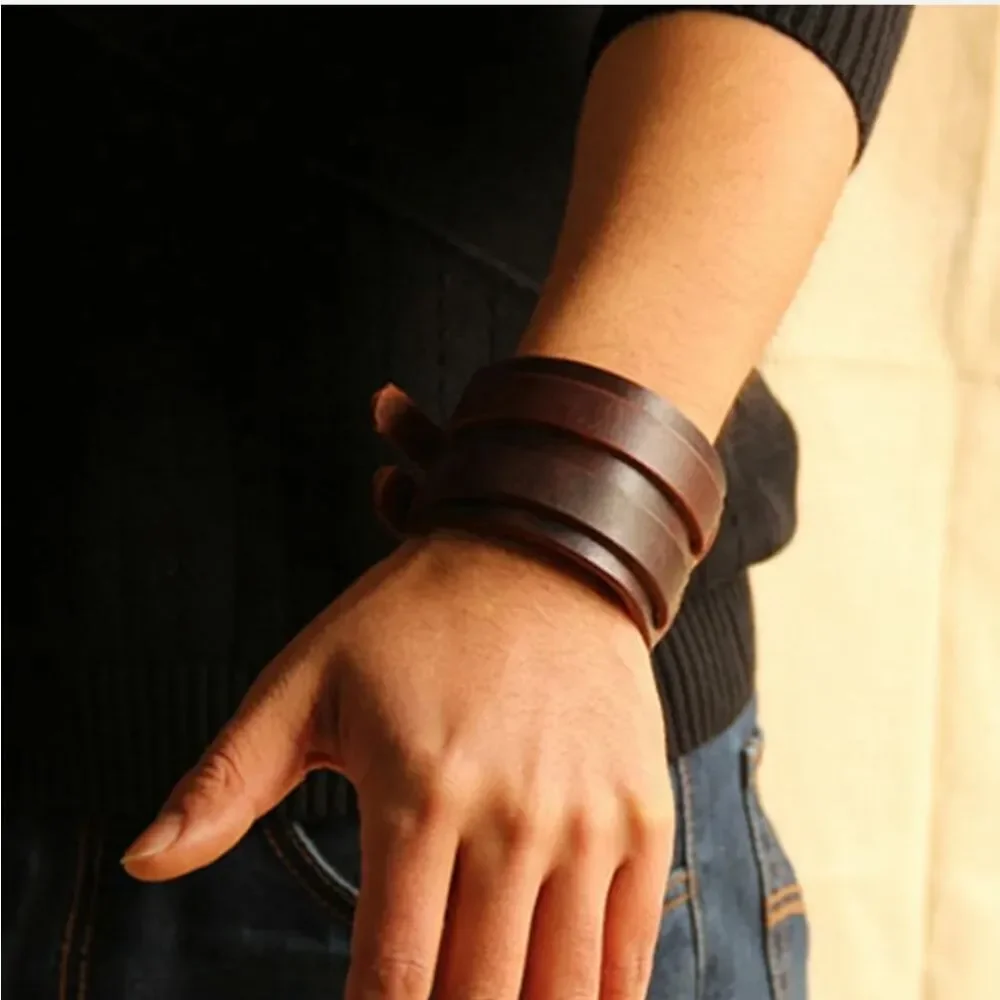 Men's Wide PU Leather Belt Strap Buckle Adjustable Cuff Wristband Bracelet